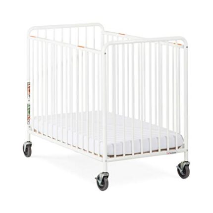Foundations Chelsea Slatted Metal Compact Evacuation Crib, 3" Oversized Casters, Compact Mini Size, Nonporous, Easy to Clean Finish, Adjustable Mattress Board (White)