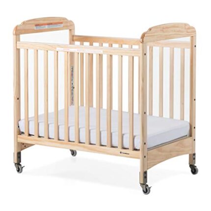 Foundations Serenity Compact Clearview Daycare Baby Crib, Fixed Side, Durable Wood Construction, Adjustable Mattress Board, Clear End Panels, Includes 3" InfaPure Foam Mattress (Natural)