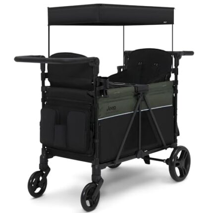 Jeep Aries Stroller Wagon by Delta Children Premium Wagon for 2 Kids with Convertible Seats, Adjustable Push/Pull Handles, Removable Canopy & Flat Fold - Greenguard Gold Certified, Black/Green