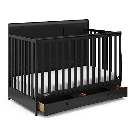 Graco Asheville 4-in-1 Convertible Crib with Drawer (Black) – GREENGUARD Gold Certified, Crib with Drawer Combo, Full-Size Nursery Storage Drawer, Converts to Toddler Bed, Daybed and Full-Size Bed