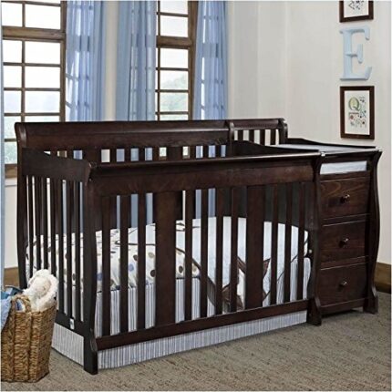Pemberly Row 4-in-1 Convertible Crib and Changing Table Combo in Espresso, Three Level Adjustable Mattress Height, Easily Converts to Toddler Bed or Day Bed
